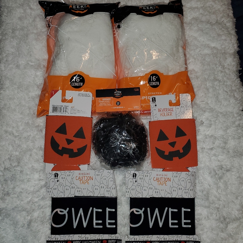 Hyde & Eek! Spider Webs, Spiders, Beverage Holder Happy Halloween Caution Tape
